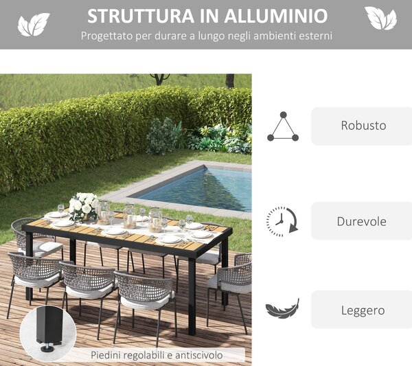 Outsunny Tavolo da Giardino per 8 Persone in Alluminio, Tavolo da Esterno in Plastica per Terrazzo e Balcone, Nero e Color Legno