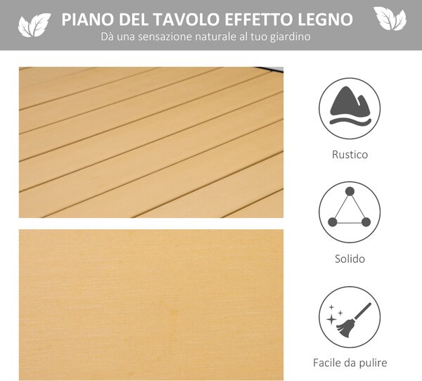 Outsunny Tavolo da Giardino per 8 Persone in Alluminio, Tavolo da Esterno in Plastica per Terrazzo e Balcone, Nero e Color Legno