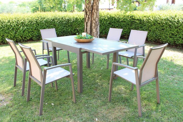 JERRI - set tavolo in alluminio cm 90/180 x 90 x 75 h con 6 poltrone Lotus