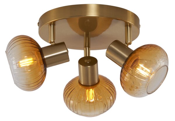 Faretto da soffitto moderno oro con vetro ambra rotondo 3 luci - Teddy