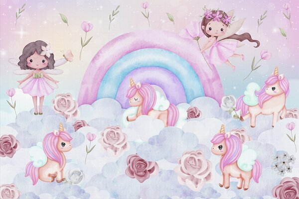 Carta da parati Fate e unicorni tra nuvole e arcobaleni, Carta da parati per Bambini, Carta da parati per bambini Arcobaleno, w04371 : Uwalls.it