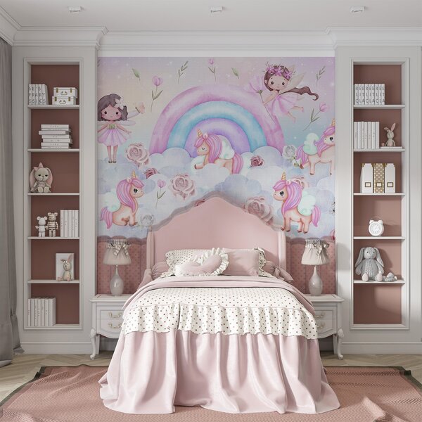Carta da parati Fate e unicorni tra nuvole e arcobaleni, Carta da parati per Bambini, Carta da parati per bambini Arcobaleno, w04371 : Uwalls.it