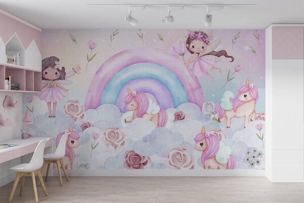 Carta da parati Fate e unicorni tra nuvole e arcobaleni, Carta da parati per Bambini, Carta da parati per bambini Arcobaleno, w04371 : Uwalls.it