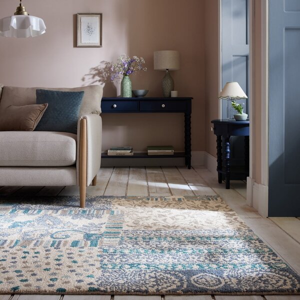 Tappeto blu/beige in lana tessuto a mano 200x290 cm Eloise Patchwork – Flair Rugs