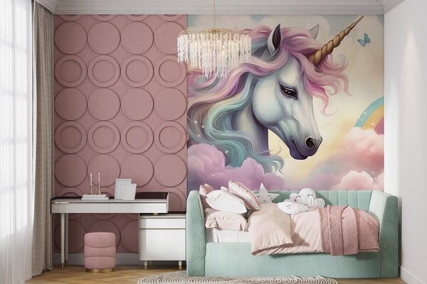 Carta da parati Unicorno in un cielo nuvoloso con arcobaleno, Carta da parati per Bambini, Carta da parati per Ragazze, w04372 : Uwalls.it