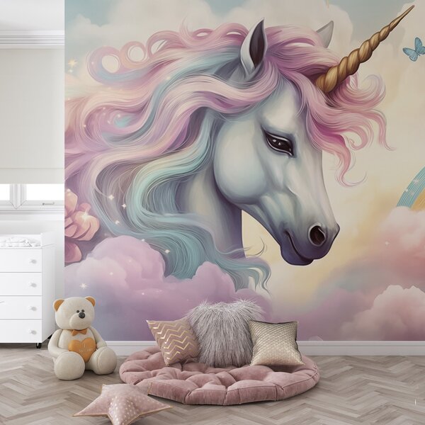 Carta da parati Unicorno in un cielo nuvoloso con arcobaleno, Carta da parati per Bambini, Carta da parati per Ragazze, w04372 : Uwalls.it