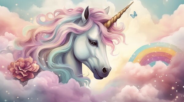 Carta da parati Unicorno in un cielo nuvoloso con arcobaleno, Carta da parati per Bambini, Carta da parati per Ragazze, w04372 : Uwalls.it