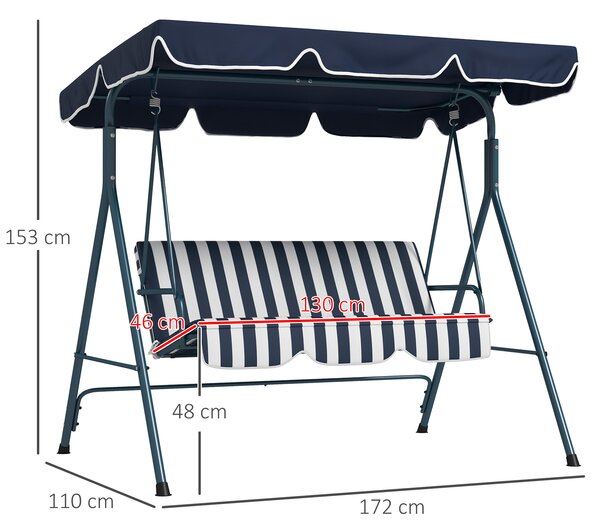 Outsunny Dondolo Giardino 3 Posti con Tetto Parasole, Dondolo da Esterno in Acciaio e Poliestere, 172x110x153 cm, Bianco e Blu | Aosom Italy