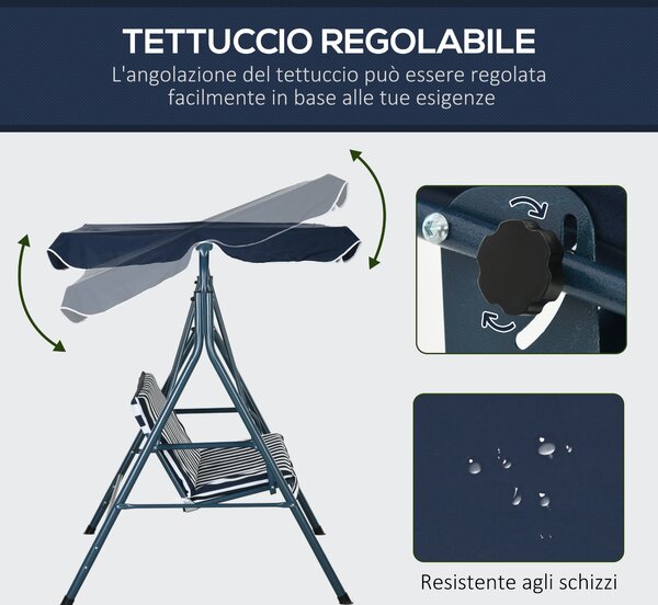 Outsunny Dondolo Giardino 3 Posti con Tetto Parasole, Dondolo da Esterno in Acciaio e Poliestere, 172x110x153 cm, Bianco e Blu | Aosom Italy