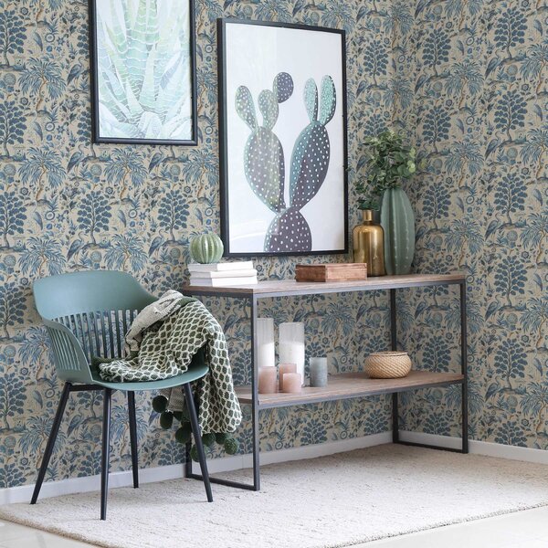 Carta da parati Stile Toile de Jouy con uccelli blu e alberi tropicali, Parati fiori e piante classici, a00382 : Uwalls.it