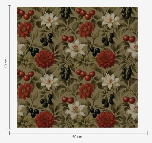 Carta da parati Ciliegie, fiori e olive nere, Parati fiori e piante classici, a00384 : Uwalls.it