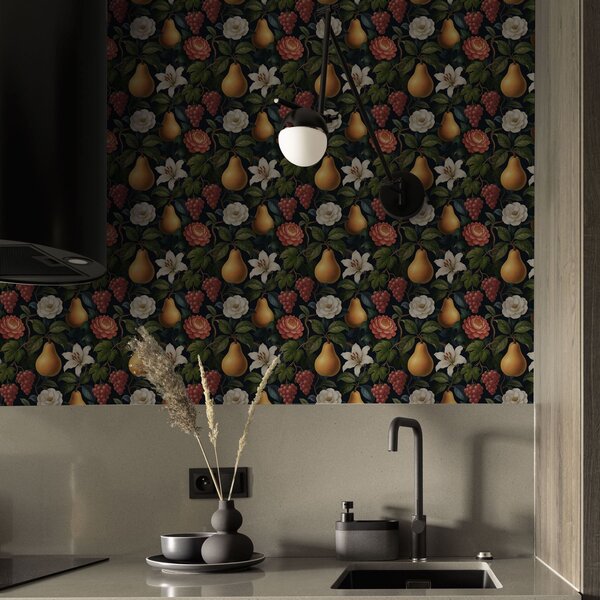 Carta da parati Frutti e fiori barocchi su uno sfondo scuro e drammatico, Parati fiori e piante classici, a00387 : Uwalls.it