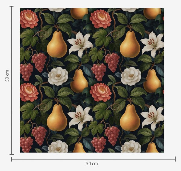 Carta da parati Frutti e fiori barocchi su uno sfondo scuro e drammatico, Parati fiori e piante classici, a00387 : Uwalls.it