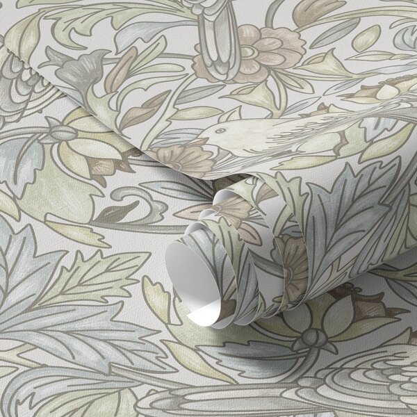 Carta da parati Uccelli Art Nouveau e fiori stilizzati in pastello, Parati fiori e piante classici, a00385 : Uwalls.it