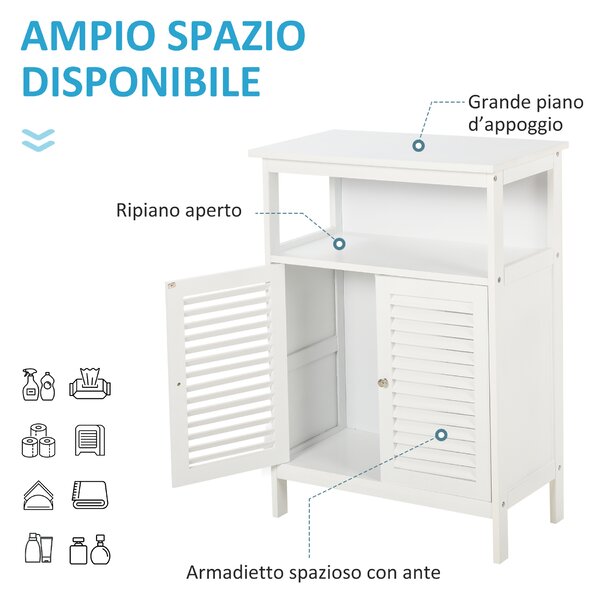 Kleankin Mobile Bagno Salvaspazio con 2 Ripiani e Antine in Legno a Persiana, Maniglie in Metallo Cromato, 60x30x81.6 cm, Bianco | Aosom Italy