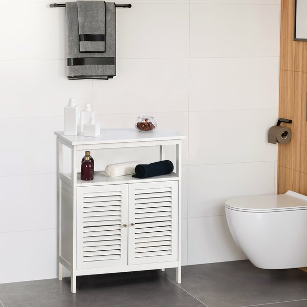 Kleankin Mobile Bagno Salvaspazio con 2 Ripiani e Antine in Legno a Persiana, Maniglie in Metallo Cromato, 60x30x81.6 cm, Bianco | Aosom Italy