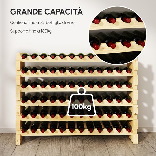 HOMCOM Scaffale Portabottiglie in Legno di Pino, Cantinetta con 6 Ripiani, Max 72 Bottiglie (100 kg), 114 x 28 x 80 cm|Aosom