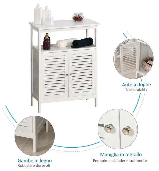 Kleankin Mobile Bagno Salvaspazio con 2 Ripiani e Antine in Legno a Persiana, Maniglie in Metallo Cromato, 60x30x81.6 cm, Bianco | Aosom Italy
