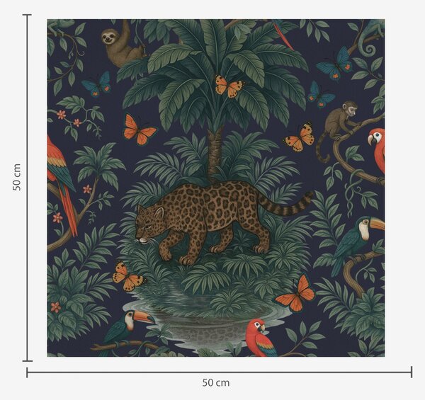 Carta da parati Giungla tropicale con leopardi, leopardi, pappagalli e farfalle, Parati foresta classici, a00388 : Uwalls.it