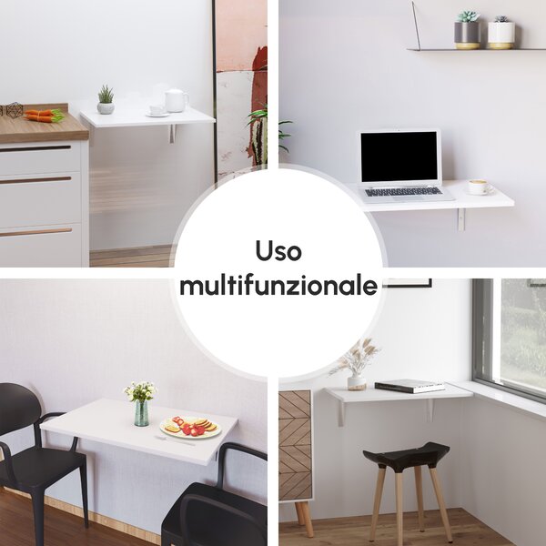 HOMCOM Tavolino a Muro Pieghevole Salvaspazio in MDF e Telaio in Metallo, per Studio Cucina Salotto, Bianco, 60x40x20cm|Aosom