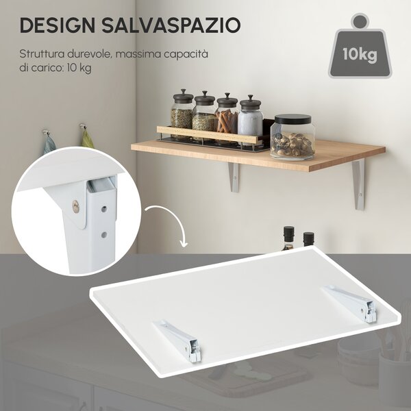 HOMCOM Tavolino a Muro Pieghevole Salvaspazio in MDF e Telaio in Metallo, per Studio Cucina Salotto, Bianco, 60x40x20cm|Aosom