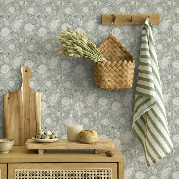 Carta da parati Delicate foglie verdi e fiori color crema con foglie verdi e fiori color crema, Parati fiori e piante classici, a00398 : Uwalls.it