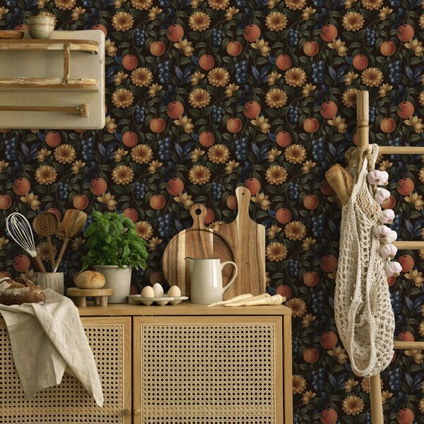 Carta da parati Frutti e fiori gialli su sfondo botanico scuro, Parati fiori e piante classici, a00395 : Uwalls.it
