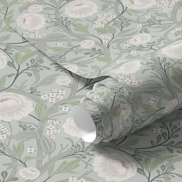 Carta da parati Delicate foglie verdi e fiori color crema con foglie verdi e fiori color crema, Parati fiori e piante classici, a00398 : Uwalls.it