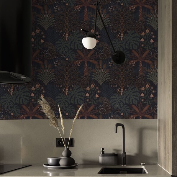 Carta da parati Giungla oscura con leopardi palme e fiori, Parati fiori e piante classici, a00424 : Uwalls.it