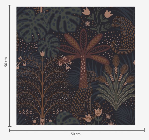 Carta da parati Giungla oscura con leopardi palme e fiori, Parati fiori e piante classici, a00424 : Uwalls.it
