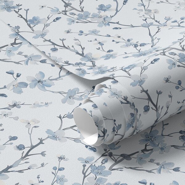 Carta da parati Fiori di ciliegio blu su sfondo bianco con contrasto morbido, Parati fiori e piante classici, a00399 : Uwalls.it