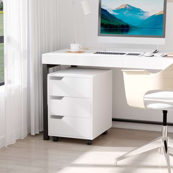 HOMCOM Cassettiera da Ufficio a 3 Cassetti con Maniglie a Scomparsa, in Legno e Metallo, 40x50x57.5 cm, Bianco