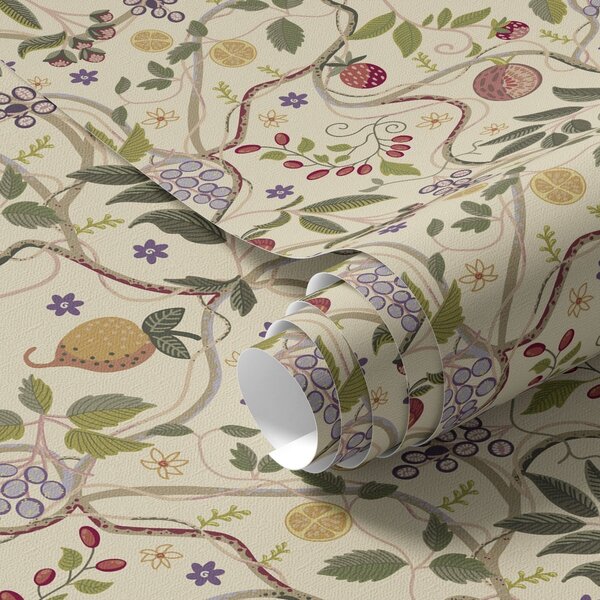 Carta da parati Disegno di frutta con bacche, rami e fiori, Parati fiori e piante classici, a00428 : Uwalls.it