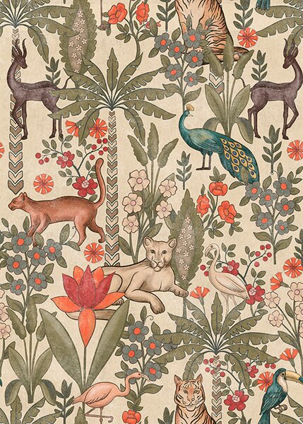 Carta da parati Stile retrò: Animali e fiori su sfondo vintage, Parati fiori e piante classici, a00431 : Uwalls.it