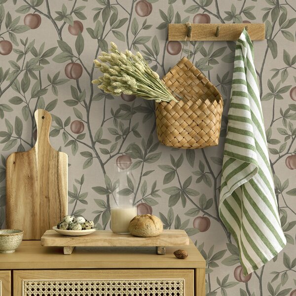 Carta da parati Pesche su rami con foglie verdi su sfondo beige, Parati fiori e piante classici, a00429 : Uwalls.it