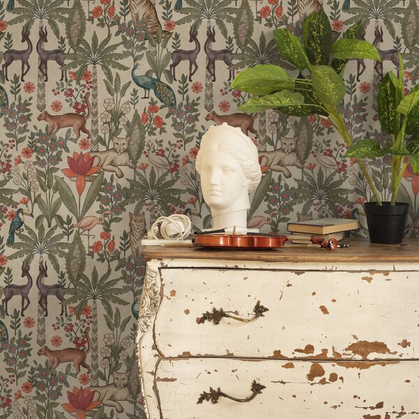 Carta da parati Stile retrò: Animali e fiori su sfondo vintage, Parati fiori e piante classici, a00431 : Uwalls.it