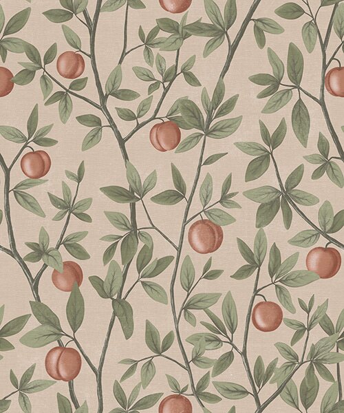 Carta da parati Pesche su rami con foglie verdi su sfondo beige, Parati fiori e piante classici, a00429 : Uwalls.it