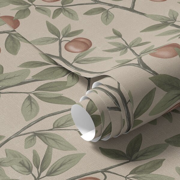 Carta da parati Pesche su rami con foglie verdi su sfondo beige, Parati fiori e piante classici, a00429 : Uwalls.it