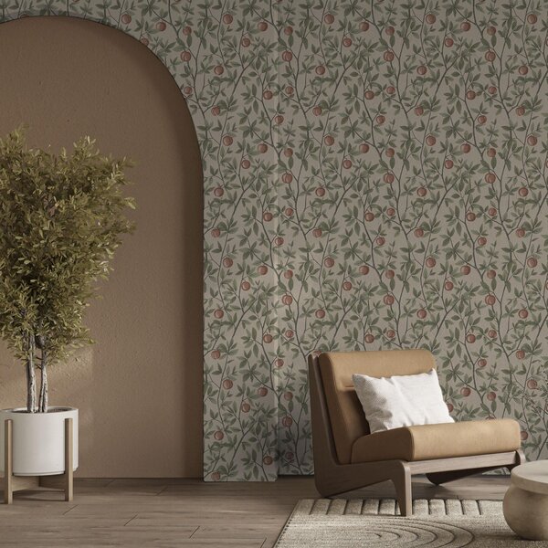 Carta da parati Pesche su rami con foglie verdi su sfondo beige, Parati fiori e piante classici, a00429 : Uwalls.it