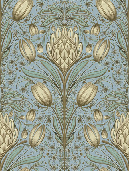 Carta da parati Motivo blu con carciofi e tulipani, Parati fiori e piante classici, a00435 : Uwalls.it