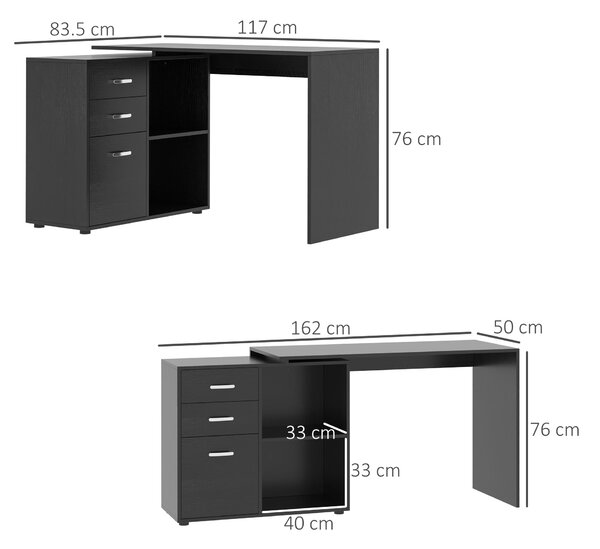 HOMCOM Scrivania ad Angolo per PC con Cassettiera, Scrivania Moderna per Ufficio e Casa, Scrivania a Forma L, Ripiano Estraibile, Nero