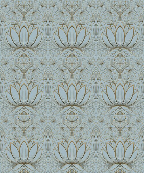 Carta da parati Ornamento a forma di loto nei colori turchese e giallo, Parati fiori e piante classici, a00439 : Uwalls.it