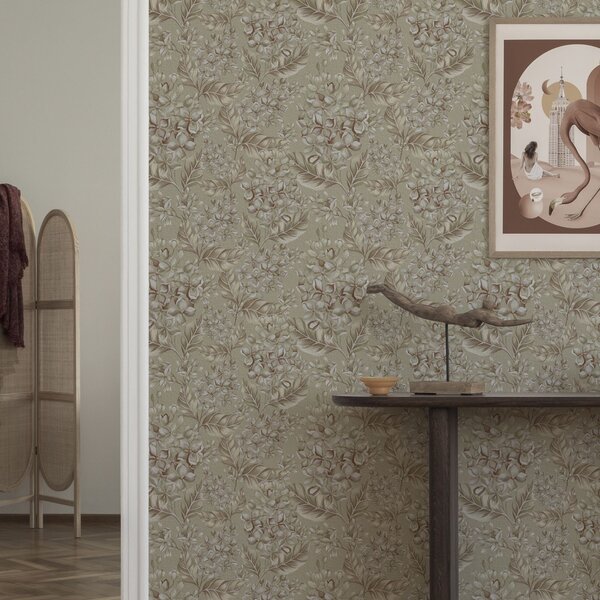 Carta da parati Rami beige con fiori bianchi in tonalità calde, Parati fiori e piante classici, a00441 : Uwalls.it