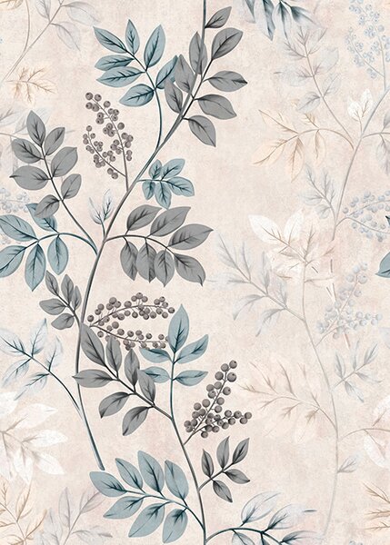 Carta da parati Rami di bacche in tonalità pastello con foglie grigio-blu, Parati fiori e piante classici, a00443 : Uwalls.it