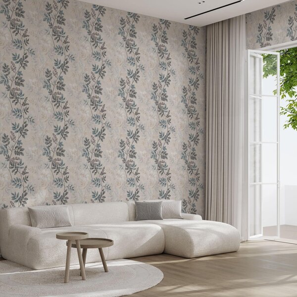 Carta da parati Rami di bacche in tonalità pastello con foglie grigio-blu, Parati fiori e piante classici, a00443 : Uwalls.it