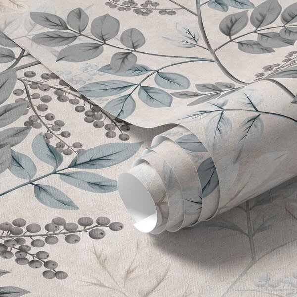 Carta da parati Rami di bacche in tonalità pastello con foglie grigio-blu, Parati fiori e piante classici, a00443 : Uwalls.it