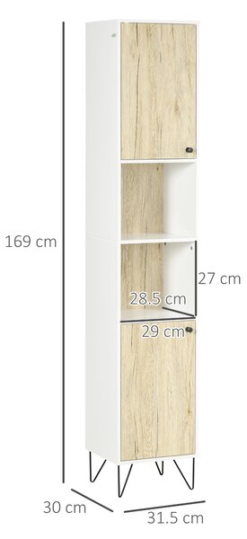 Kleankin Mobiletto Bagno Moderno Salvaspazio con 2 Ripiani Aperti e 2 Armadietti, Colonna in Truciolato, 30x31.5x169cm, Bianco|Aosom Italy