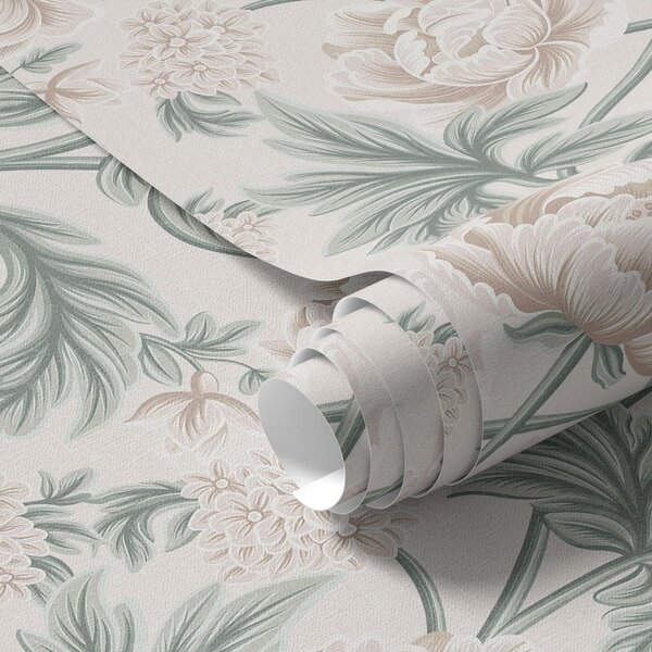 Carta da parati Peonie lussureggianti in beige chiaro e verde beige e verde, Parati fiori e piante classici, a00445 : Uwalls.it