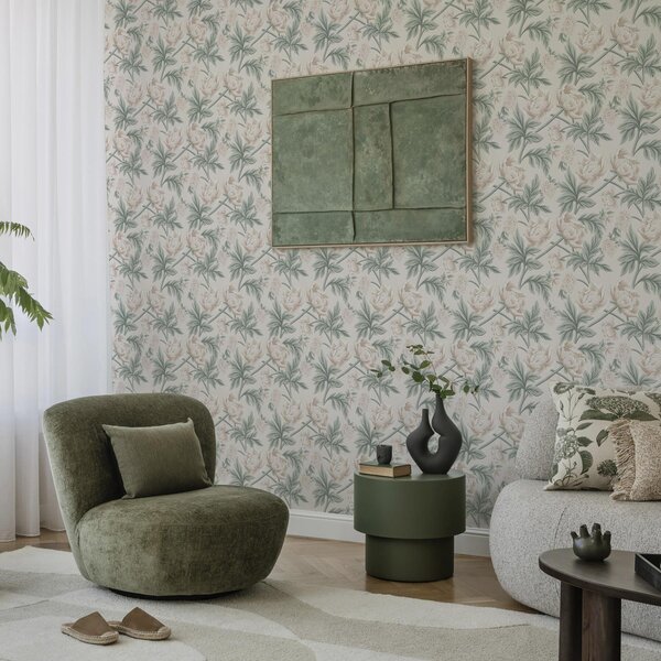 Carta da parati Peonie lussureggianti in beige chiaro e verde beige e verde, Parati fiori e piante classici, a00445 : Uwalls.it