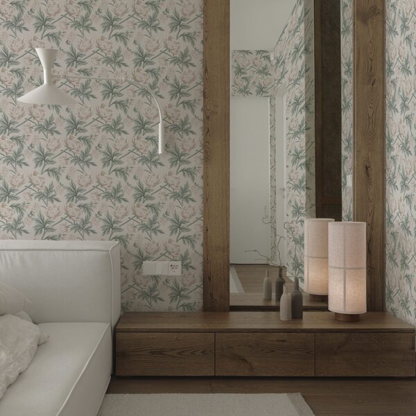 Carta da parati Peonie lussureggianti in beige chiaro e verde beige e verde, Parati fiori e piante classici, a00445 : Uwalls.it
